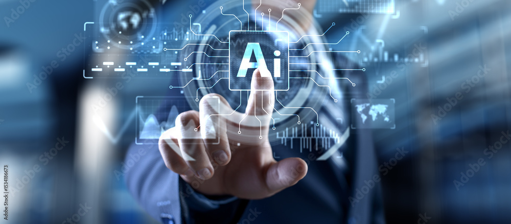 Poster artificial intelligence technology and global business strategy concept with digital interface.