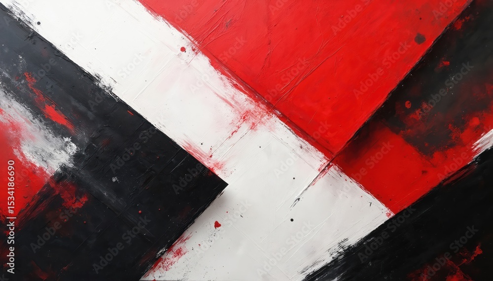 Poster Abstract geometric composition in red black white colors. Bold brush strokes create dynamic texture with strong contrast. Modern art for wall decor, design projects, interiors.