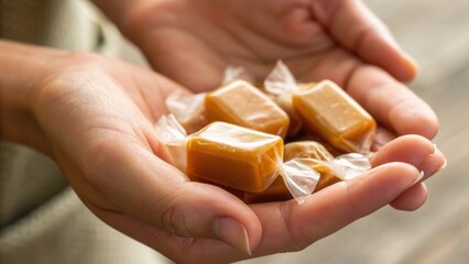 Hands holding wrapped caramel candies.