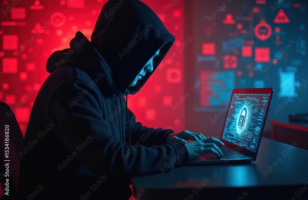 Aufkleber Man in hoodie hacking laptop with digital lock icon. Data encryption privacy theme. Cyber security, internet fraud concept, digital crime. Anonymous coding using software firewall for online safety.