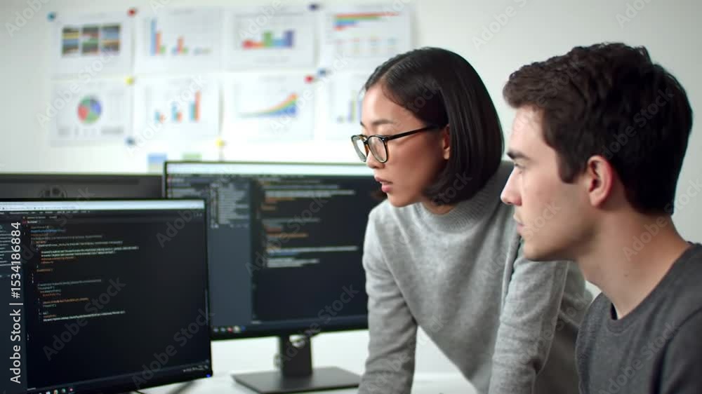 Aufkleber two young professionals collaborate on coding at monitors with charts in white background and gray o