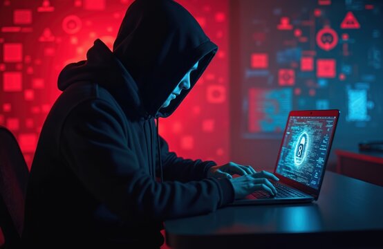 Man in hoodie hacking laptop with digital lock icon. Data encryption privacy theme. Cyber security, internet fraud concept, digital crime. Anonymous coding using software firewall for online safety.