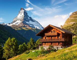 Alpine chalet nestled in valley, majestic mountain peak
