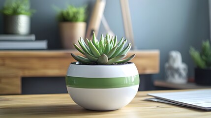 Succulent plant in a round ceramic pot with green stripe on wooden desk. Minimal and modern workspace concept with cozy and natural interior design feel.