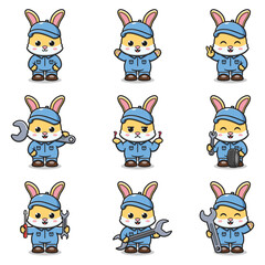Vector Illustration of Rabbit Mechanic Cartoon Character. Mechanic Character Vector Illustration. Rabbit Character animal. Mechanic Mascot.