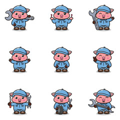 Vector Illustration of Pig Mechanic Cartoon Character. Mechanic Character Vector Illustration. Pig Character animal. Mechanic Mascot.