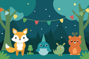 Naklejka premium fox and birds on tree