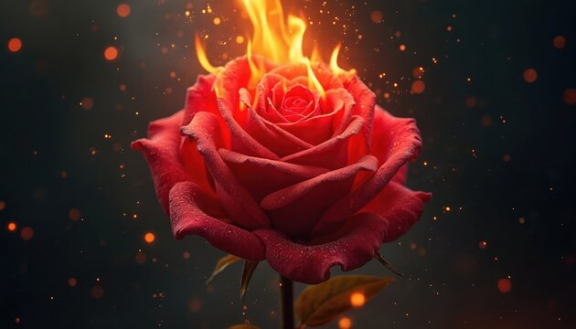 Close-up of a vibrant red rose engulfed in flames. Burning flower on a dark background. Fire, sparks, passion and intensity are main themes. Ideal for romance, love, beauty concept.