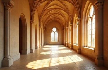 Obraz premium Long corridor with arched windows, stone ceiling. Sunlight streams through windows, creating warm inviting atmosphere. Interior of old monastery or abbey church. Architecture, history. Nobody.