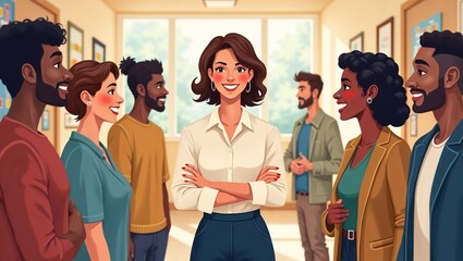 Cartoon woman leading diverse team in office hallway