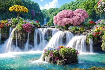 Paradise landscape with beautiful  gardens, waterfalls and flowers, magical idyllic heavenly view with beautiful fantastic flowers in Eden.