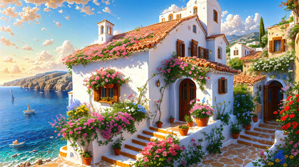 Beautiful house surrounded by flowers, mediterranean architecture style landscape, oil painting on canvas.