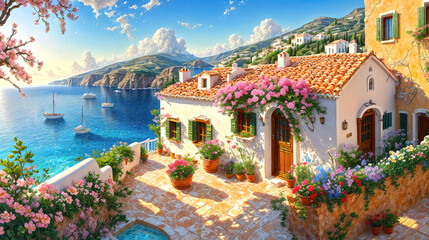 Beautiful house surrounded by flowers, mediterranean architecture style landscape, oil painting on canvas.
