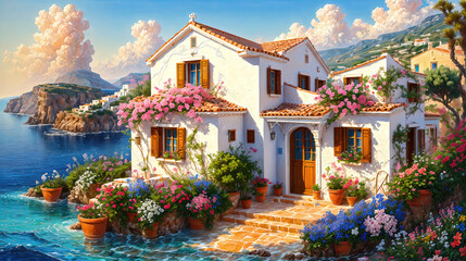 Beautiful house surrounded by flowers, mediterranean architecture style landscape, oil painting on canvas.
