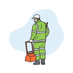 A street cleaner in a green uniform is cleaning the streets with a broom. A vector element related to hand-drawn street cleaning