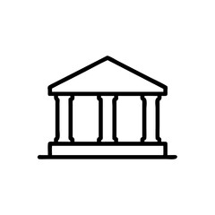 Minimalist Silhouette Icon of a Bank Building with Classical Pillars and a Triangular Roof, Simple Line Art Design on White Background Representing Financial Institution, Government, or Classical Arch