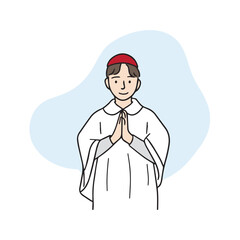 Illustration on the baptism of a boy who is baptized at a cathedral, the first Catholic holy body. Elements of vector design related to Catholic religion.