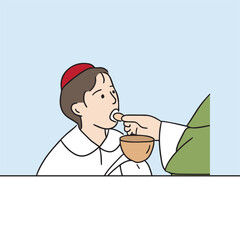 Illustration on the baptism of a boy who is baptized at a cathedral, the first Catholic holy body. Elements of vector design related to Catholic religion.