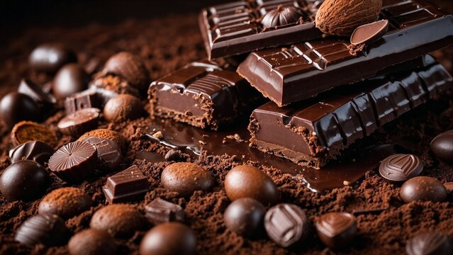 Assorted dark chocolate bars and candies on cocoa powder