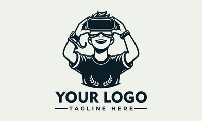 Cheerful person wearing a virtual reality headset and holding a game controller with abstract digital elements. Gaming and technology concept