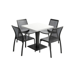 3D render of a simple, modern dining table with four chairs, isolated on a transparent background, PNG