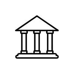 Minimalist Silhouette Icon of a Bank Building with Classical Pillars and a Triangular Roof, Simple Line Art Design on White Background Representing Financial Institution, Government, or Classical Arch
