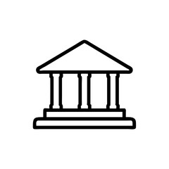 Minimalist Silhouette Icon of a Bank Building with Classical Pillars and a Triangular Roof, Simple Line Art Design on White Background Representing Financial Institution, Government, or Classical Arch