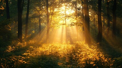 Fototapeta premium Ethereal Golden Sunlight Shining Through Green Trees in a Forest Landscape Illuminating the Forest Floor with Warmth