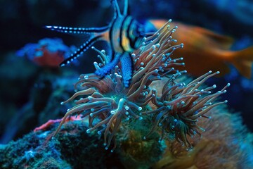 torch coral move tentacle, soft coral grow in reef marine aquarium, Banggai cardinalfish blur figure, coquina live rock mariculture aquascape, LED actinic light, wave maker laminar flow, relax mood