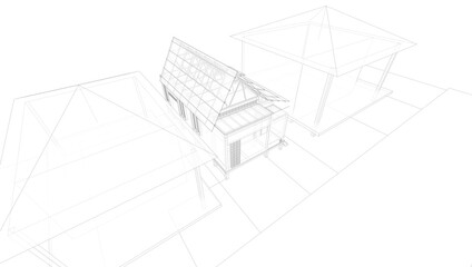 This is the design of a traditional architectural house in a tropical country with more open space, as well as the wireframe and the x-ray version.
