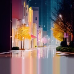 Synthwave City Street at Night with Rain Reflections