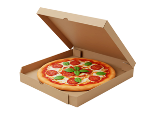 Delicious pizza in cardboard box isolated on transparent background