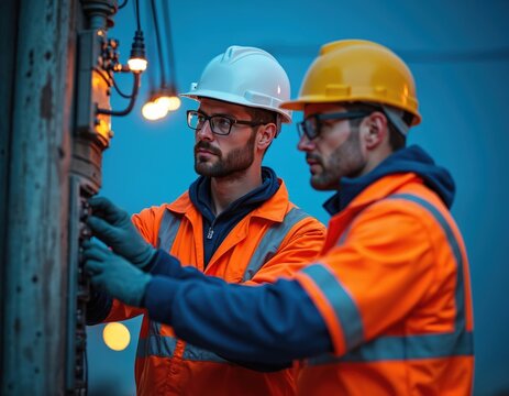 Two workers in safety gear inspect electrical equipment at night. Men in helmets, high-visibility vests work on power grid maintenance. Focus on teamwork, safety. Modern tech, dependable service.