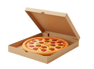 Pepperoni pizza in cardboard box isolated on transparent background