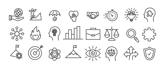 Business Success and Motivation Icons – Leadership, Innovation, Growth, and Goal Symbol Set