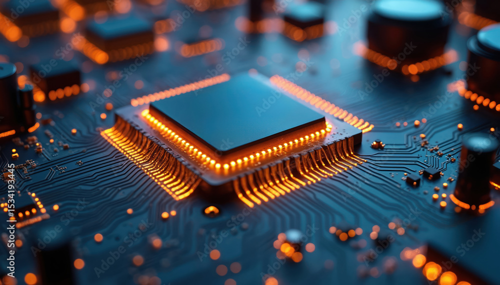 Poster Close-up microprocessor on circuit board with glowing lights. Blue, orange colors. Intricate details of computer chip, data processing. Digital hardware, tech, innovation. Modern design with