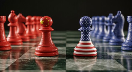 Top-down chessboard battle with China and America flag-themed pieces