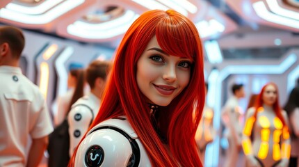 Concept of fashionable, technological clothes of the future of youth, where a girl in white plastic or metal robotic computer clothes