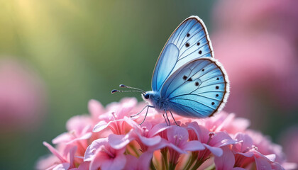Fototapeta premium Blue butterfly sits on pink flower, garden background. Delicate insect, vibrant colors, macro photo. Wildlife, spring or summer floral art, nature details, beauty in bloom.