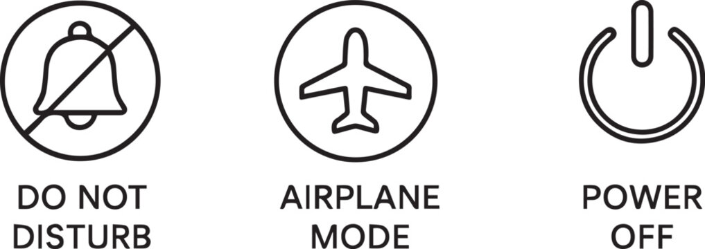 Minimalist Device Mode Icons Set &ndash; Do Not Disturb, Airplane Mode, Power Off, Vector Line Symbols