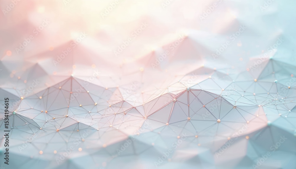 Poster Abstract geometric network soft pastel colors. Illustration features interconnected lines dots forming three-dimensional structure. Modern minimalist clean digital artwork evokes feelings tech