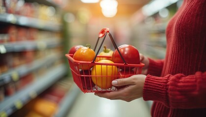 Woman holding red shopping basket with ripe fruit grocery store. Customer buying fresh organic produce. Shopping, consumerism concept. Food retail purchase, healthy eating.