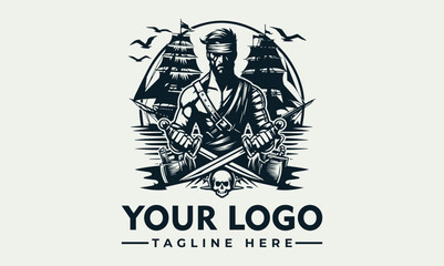 Intricate illustration of a rugged pirate figure with a classic hat, crossed swords, and a majestic sailing ship in the background. Maritime adventure concept