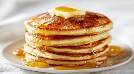 Stack of American Pancakes with Maple Syrup Drizzle, Isolated on white Background