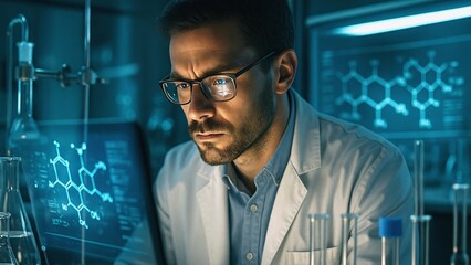 Focused medical scientist working late at night in laboratory, analyzing chemical formulas on a transparent computer display, surrounded by laboratory glassware and advanced technology