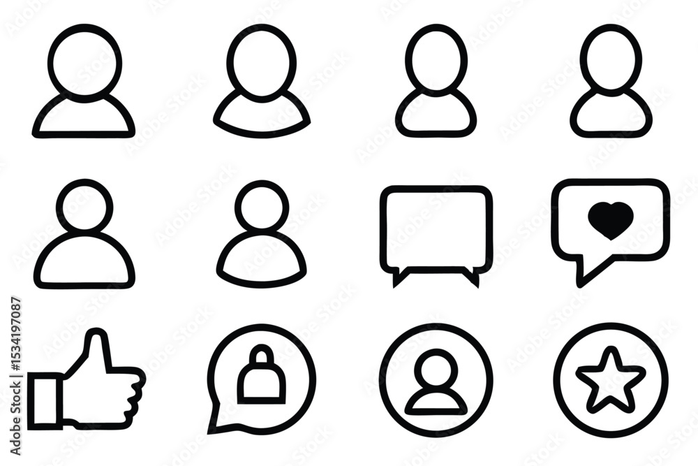 Poster simple outline icon set representing social media interactions and profile elements