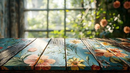 Vintage wooden table with hand-painted floral patterns in front of a garden window. Bright natural sunlight adds a warm and rustic atmosphere.