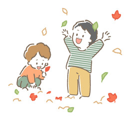 手描き風 2人の子供と落ち葉遊び イラスト