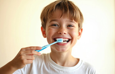 Happy child brushing teeth with toothbrush. Boy with perfect white teeth smiles while doing dental hygiene routine. Healthy teeth, daily healthcare, oral care habits, healthy lifestyle.