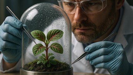 Biologist wearing gloves and safety glasses using tweezers, carefully examining a small plant growing inside a bell jar in a laboratory, conducting research on plant growth and development